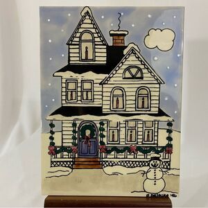 Vintage Nancy DeYoung H&R Johnson Christmas House Ceramic Tile Trivet